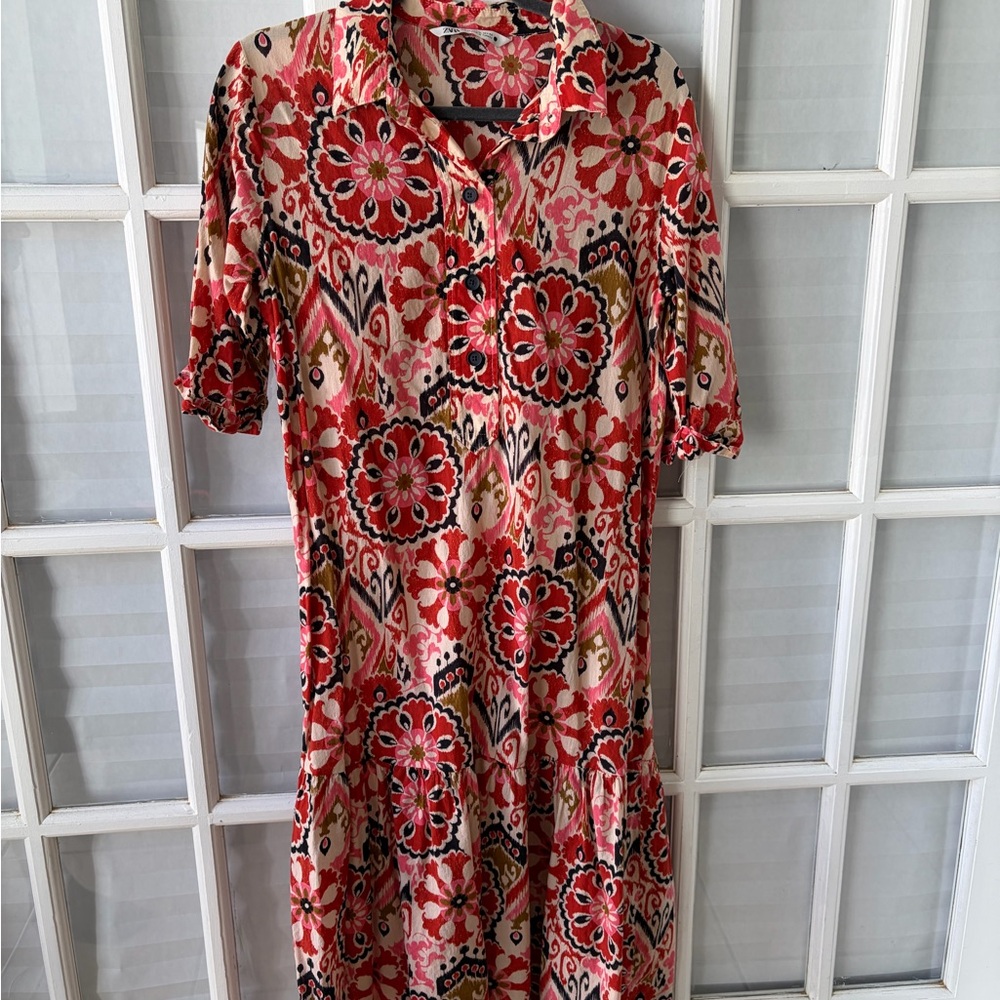 Zara Red and Pink Floral Midi Dress